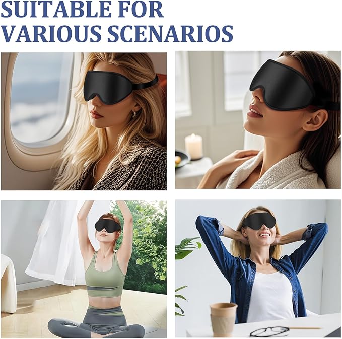 3D Deep Contoured Zero Pressure Sleep Eye Mask for Men & Women, Blackout Blindfold with Adjustable Strap for Travel, Home, Nap (Black)