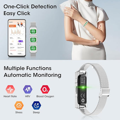 Mingtawn Women's Smart Bracelet with 2 Bands, Health Fitness Tracker, 24/7 Heart Rate/Blood Oxygen/HRV/Sleep Monitor, Fashion Emerald Wristband with Message/Call Reminder Free Subscription (Silver)