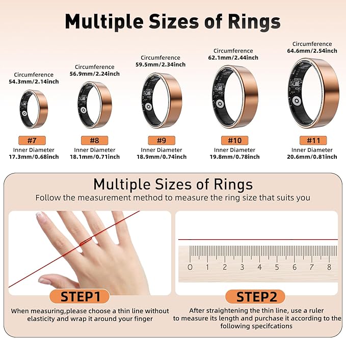 Smart Ring with Sleep Monitoring, Step Counting, Heart Rate, Blood Oxygen for iPhone and Android, No Subscription Fee, IP68 Waterproof Health Tracker (Black, 9)