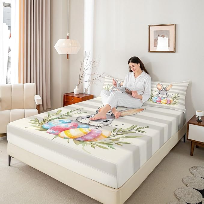 Kawaii Rabbit Bed Sheet Twin Size Easter Egg Plant Animal Bedding Set Happy Easter Cartoon Fitted Sheet Kids Boys Girls Room Decor Beige Gray Soft Sheets with 1 Pillowcase,No Top Flat