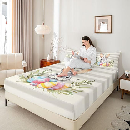 Kawaii Rabbit Bed Sheet Full Size Easter Egg Plant Animal Bedding Set Happy Easter Cartoon Fitted Sheet Kids Boys Girls Room Decor Beige Gray Soft Sheets with 2 Pillowcase,No Top Flat