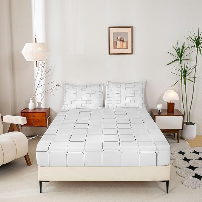 Plaid Kids Full Size Fitted Sheet,Patchwork Geometric Grid Boys Girls Bed Sheets,Modern Simple Abstract Room Decor,Gray Bedding Set,2 Pillowcases(No Flat)