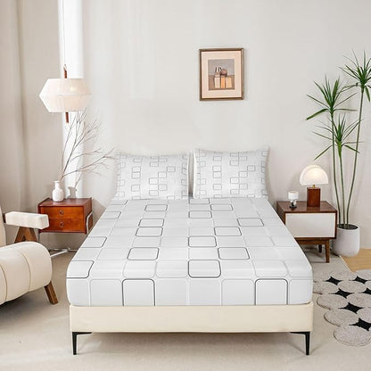 Plaid Kids Full Size Fitted Sheet,Patchwork Geometric Grid Boys Girls Bed Sheets,Modern Simple Abstract Room Decor,Gray Bedding Set,2 Pillowcases(No Flat)