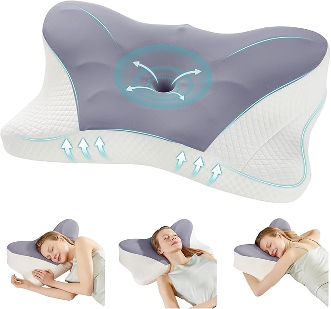 DUMOS Cervical Neck Pillow, Cooling Ergonomic Memory Foam Pillows for Neck Pain Relief with Breathable Pillowcase, Dual Height Orthopedic Support Contour Pillow for Side, Stomach Sleepers, Dark Grey