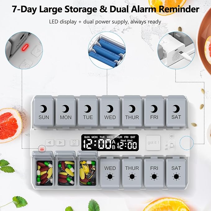 Weekly Pill Organizer with Alarms System, Removable Silicone Pill Box 7 Day 2 Time, Large Size Pill Case for Home and Travel, Secure Magnetic Base, Waterproof & Moisture Resistant (Gray)