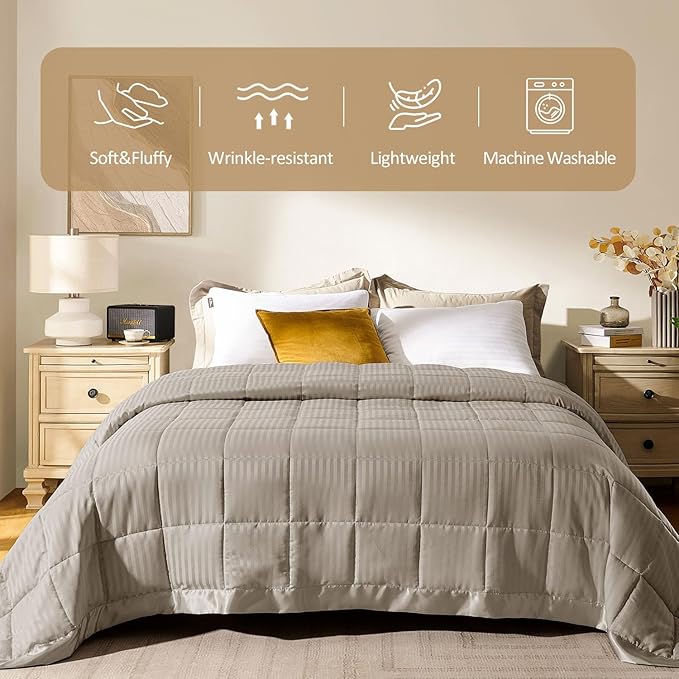 downluxe Queen Size Blanket with Satin Trim, Lightweight Down Alternative Blankets Queen Size for All Season, Machine Washable (Sand, 90x90 Inch)