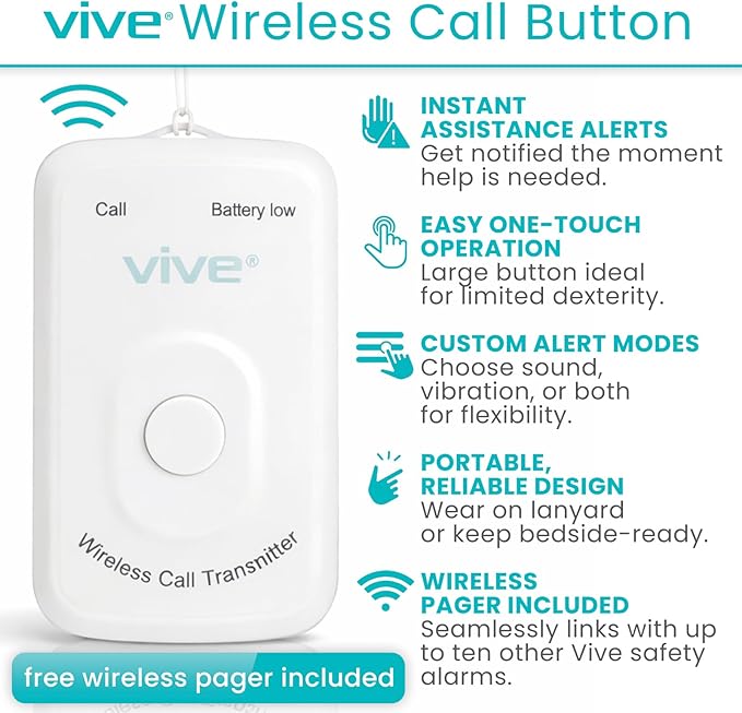 Vive Wireless Call Button - Emergency Alert System for Patients - Smart Portable Medical Panic Button - Notifies Nurse or Caretaker When Elderly Senior Needs Help - Perfect for Home Wander Prevention