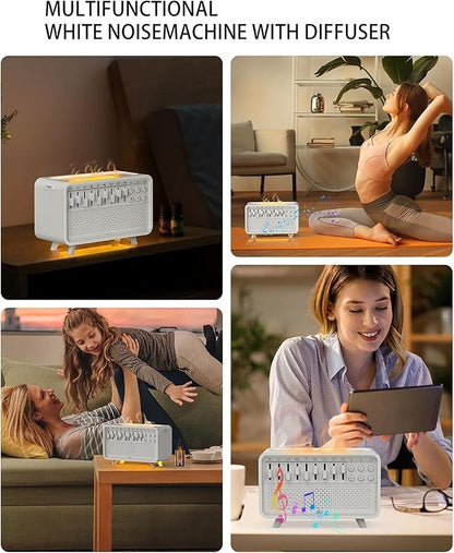 White Noise Sound Aroma Humidifier - Essential Oil Diffusers for Home, Air Aroma Diffuser Humidifier with 8 White Noise Effect & Simulation Flame, Speaker, for Sleeping, Living Room, Office