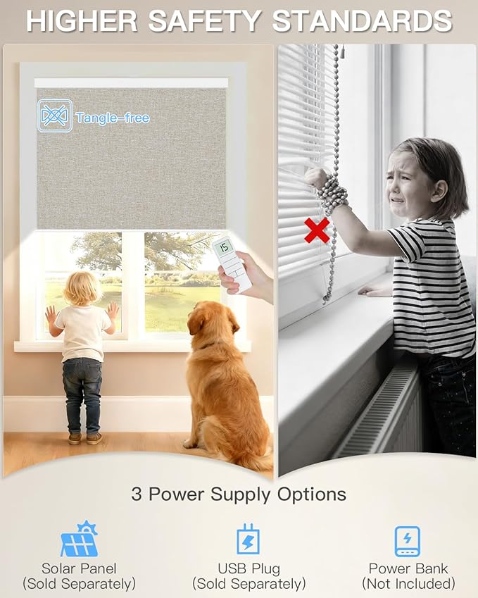 Motorized Roller Shade with Remote Control, Blackout Electric Shade for Windows Compatible with Alexa Google via Hub, Rechargeable Smart Window Blind Customized Size (Fabric Beige)