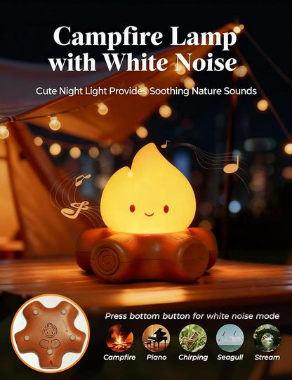 Chibi Campfire Lamp with Soothing Sounds, Cute Sleep Aid Night Light, Portable Rechargeable White Noise Cozy Campfire Light for Home Decor Camping Trips, Best Gift