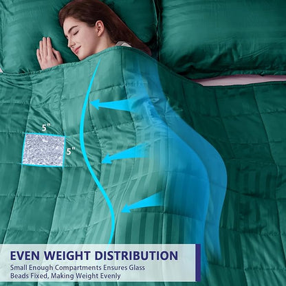 Weighted Blanket for Adults (15 lbs, 48" x 72", Glossy green Stripes) Heavy Blanket for Sleeping Perfect for 160-180 lbs, Twin Size Breathable Blanket with Premium Glass Bead, Machine Washable