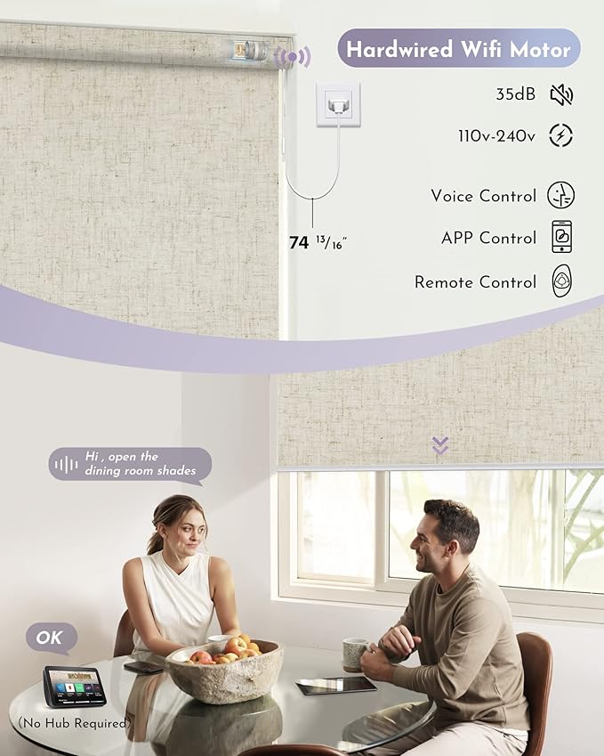 Graywind Motorized Shades 100% Blackout Compatible with Alexa Google WiFi Hardwired Smart Roller Shade Remote Control Automated Window Blinds with Valance, Customized Size (B-Linen Beige)