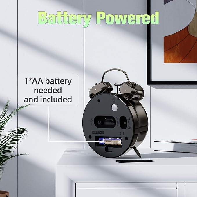 CHEREEKI Loud Alarm Clock for Heavy Sleepers Adults, Silent Non Ticking Analog Clock with Backlight, Luminous Dial, Battery Operated Alarm Clock for Bedroom, Included Battery, Black