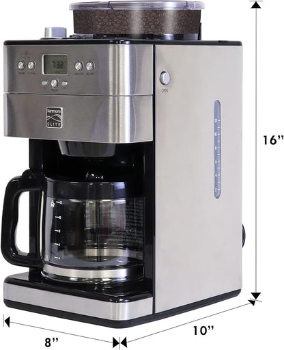 Kenmore Elite Grind and Brew Coffee Maker with Built‑In Burr Grinder, Automatic Drip Machine, 12‑Cup Programmable Brewer, Bean‑to‑Cup Cafetera, Stainless Steel Coffee Maker for Home & Office