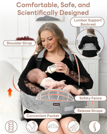 Nursing Pillow for Standing/Sitting Use- Springy Memory Foam for Support & Comfort, Large Breast Feeding Pillow - Safety Fence, Adjustable Waist Belt and Support Backrest, Removable Cover with Pocket