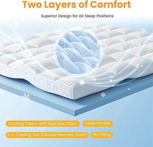 NEWBULIG Memory Foam Mattress Topper, Dual Layer Gel Memory Foam & Mattress Topper Queen for Pressure Relief and Medium Firm Support, CertiPur-US Certified