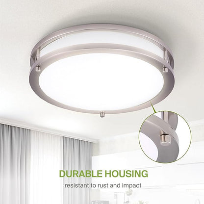ASD LED 12" Round Flush Mount Lighting, Close to Ceiling Light Fixture | 3CCT, Dimmable, Energy Star, ETL Listed | 20W 1532LM 3000-5000K 120V | Low Profile Double Ring Lamp | Nickel