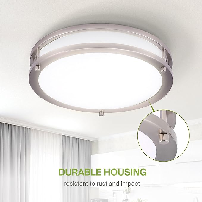ASD LED 12" Round Flush Mount Lighting, Close to Ceiling Light Fixture | 3CCT, Dimmable, Energy Star, ETL Listed | 20W 1580LM 3000-5000K 100-277V | Low Profile Double Ring Lamp | Nickel, 4 Pack