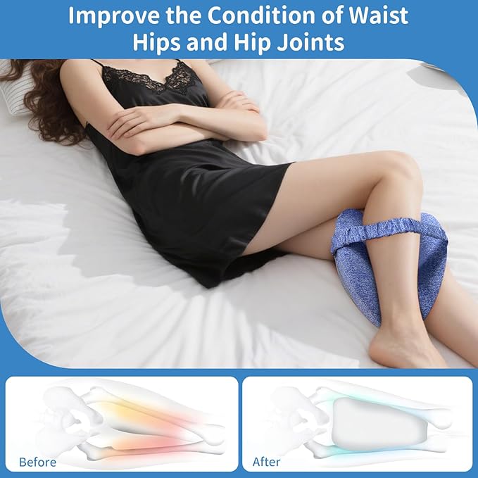 Knee Pillow for Side Sleepers, Leg Pillow with Elastic Strap, Smooth Spine Pillow for Side Sleeping, Thigh Pillows with Removable and Washable Cover, Light Blue