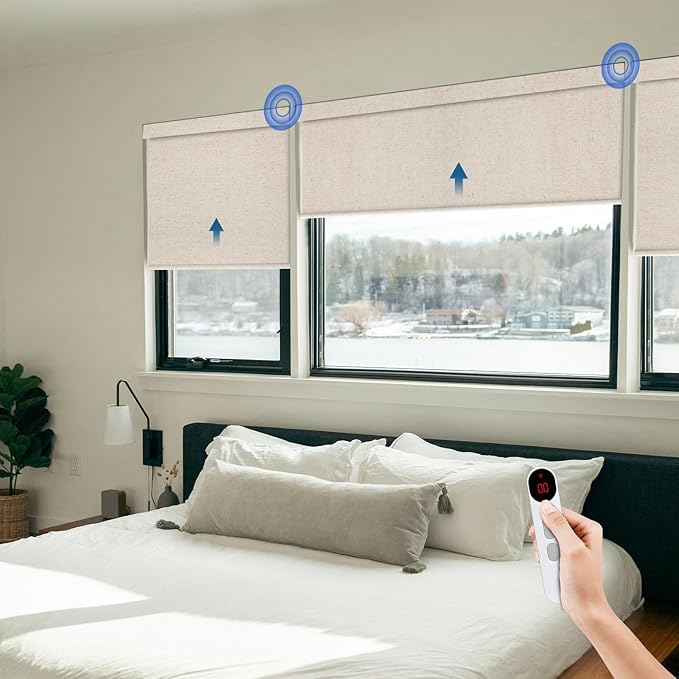 Motorized Blinds for Windows - Hapadif Roller Window Shades with Remote, No-Drill Installation, Cordless Automatic Blackout Electric Blinds, Adjustable Height, Easy to Use (Linen, 36 x 72)