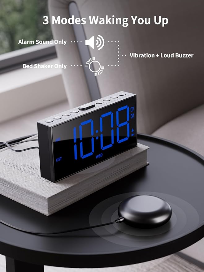 ROCAM Loud Vibrating Alarm Clock with Bed Shaker, Bed Shaker Alarm Clock for Heavy Sleepers/Hearing Impaired/Deaf, Dual Alarm with Weekday/Weekend Mode, Large Display Digital Clock with Dimmer, Snooze