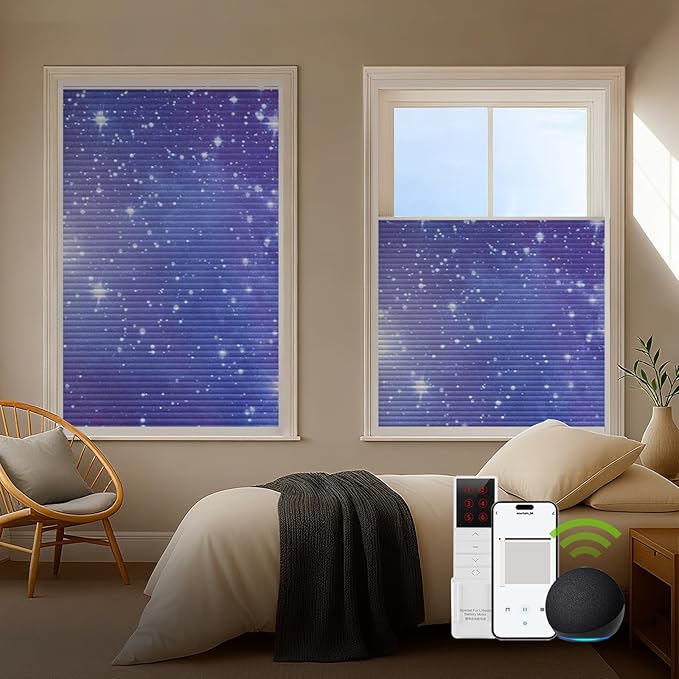 ZSTARR Motorized Skylight Shades Blackout Cellular Honeycomb Electric Blinds with Solar Panel Cordless Rechargeable with Remote for Roof and Slanted Windows Custom Size (Black Out Starry Sky)