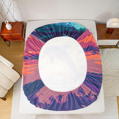 Pixelated Dolphin Boys Girls Bed Sheets,Video Games Pixel Blocks Room Decor,Cartoon Animal Sunset Ocean Kids Twin Size Fitted Sheet,Purple Orange Bedding Set,1 Pillowcase(No Flat)