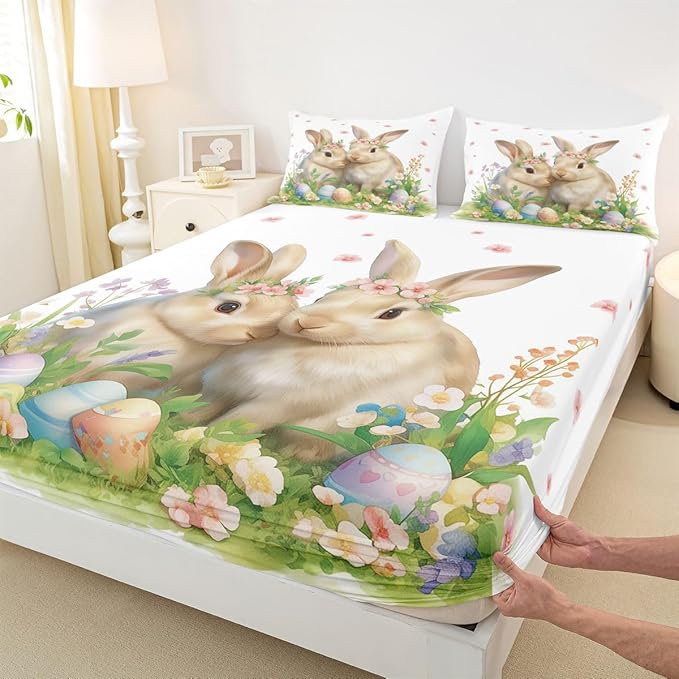 Cute Rabbit Bed Sheet Full Size Happy Easter Cartoon Animal Bedding Set Spring Flowers Easter Egg Fitted Sheet Kids Boys Girls Room Decor Green Yellow Soft Sheets with 2 Pillowcase,No Top Flat