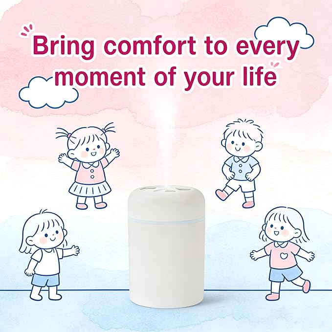 300ml Portable Mini Cool Mist Humidifier with Colorful Lights, USB-Powered for Bedroom, Office, Plants, Travel & Car (White)