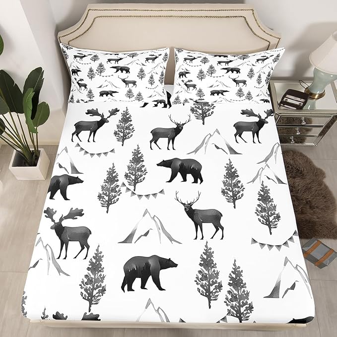 Rustic Bear Deer Kids Fitted Sheet Full Size,Pine Trees Mountain Animals Rustic Farmhouse Bedding Set,Boys Girls Room Decor,Hunting Adventure Camper Bed Cover,RV Bed Sheet,2 Pillowcases