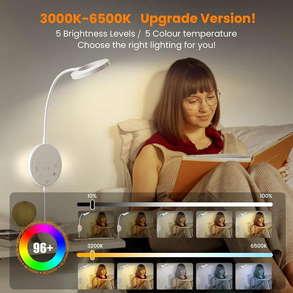 Wall Mounted Reading Light,Bedside Headboard Lights with 5 Color Temperature &5 Dimming,360°Flexible Gooseneck,USB Output, Night Light&Timer Function- Perfect for Reading (White)
