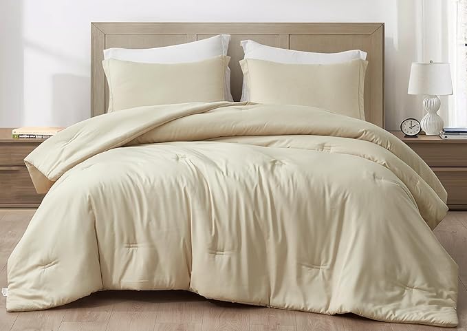 Chezmoi Collection Cliff 3-Piece Lightweight Cooling Comforter Set, Oversized King - Rayon Derived from Bamboo & Polyester Blended, Soft Breathable Bedding for Hot Sleepers, Sand