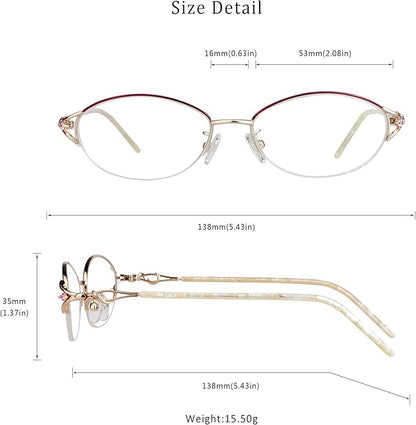LifeArt Alloy Semi-Rimless Reading Glasses,Blue Light Blocking Glasses, Anti Eyestrain, Computer Gaming Glasses, TV Glasses for Women Men, Anti Glare (Red Gold, +1.50 Magnification)