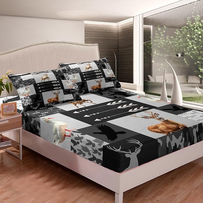Hunt Deer Kids Fitted Sheet Full Size,Geometric Arrows Camo Plaids Bedding Set,Boys Girls Room Decor,Duck Bass Fish Marine Life Cabin Animal Rustic Bed Cover,Grey Bed Sheet,2 Pillowcases,No Top Sheet