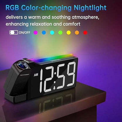 Peakeep Projection Alarm Clock for Bedroom Ceiling 180° Rotatable, Loud for Heavy Sleepers, Colorful Nightlight, 5 Brightness Dimmable Large Number Bedside Electric LED Digital Clock with USB Port