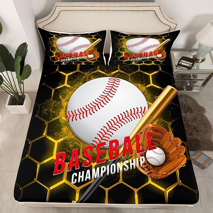 Manfei Baseball Sheet Set King Size, Abstract Geometric Gold Honeycomb Bedding Set for Kids Boys Room Decor, Sports Theme Bed Sheet Set 4pcs with Deep Pocket Fitted Sheet + Flat Sheet + 2 Pillowcases
