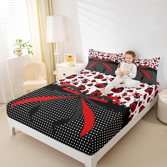 Manfei Red Black Bowknot Kids Sheet King Size,Ladybug Ladybird Beetle Insect Rustic Girls Boys Bedding Set Decor,Geometric Polka Dots Bow Tie Cute Bed Sheet Set 4pcs(Fitted + Flat + 2 Pillowcases)