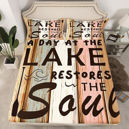 Lake Theme Kids Fitted Sheet Full Size,Outdoor Adventure Camping Lake House Fishing Bedding Set,Boys Girls Room Decor,Retro Woode Plank Rustic Bed Cover,Brown Bed Sheet,2 Pillowcases(No Top Sheet)