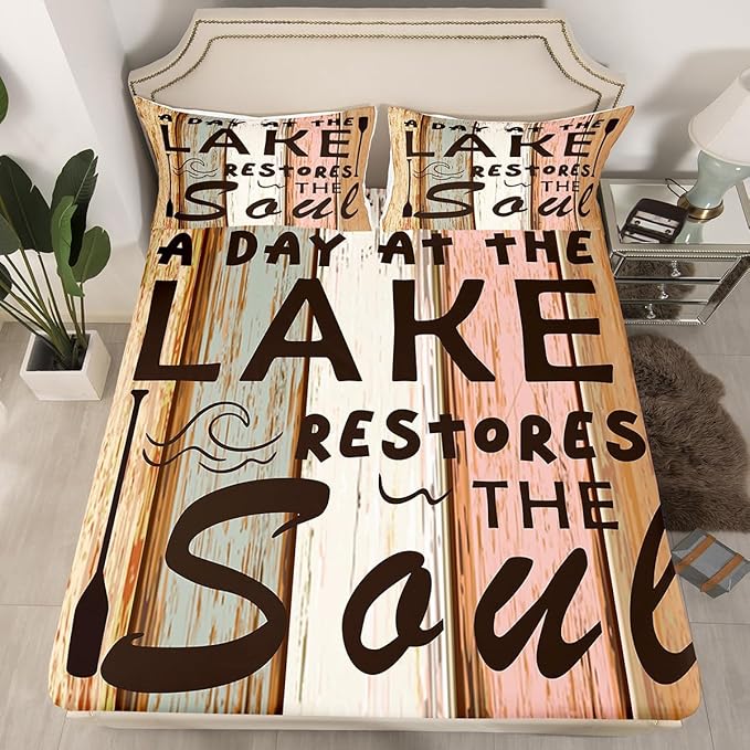 Lake Theme Kids Fitted Sheet Queen Size,Outdoor Adventure Camping Lake House Fishing Bedding Set,Boys Girls Room Decor,Retro Woode Plank Rustic Bed Cover,Brown Bed Sheet,2 Pillowcases(No Top Sheet)