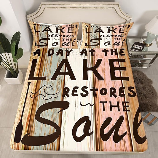 Lake Theme Kids Fitted Sheet Queen Size,Outdoor Adventure Camping Lake House Fishing Bedding Set,Boys Girls Room Decor,Retro Woode Plank Rustic Bed Cover,Brown Bed Sheet,2 Pillowcases(No Top Sheet)