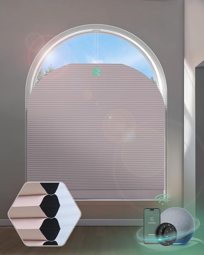 Yoolax Smart Cellular Shades, Motorized Elongated Arch Honeycomb Blinds Motorized Blinds with Remote Compatible with Alexa, Customized Elongated Arch Cellular Shades (Blackout Light Pink)