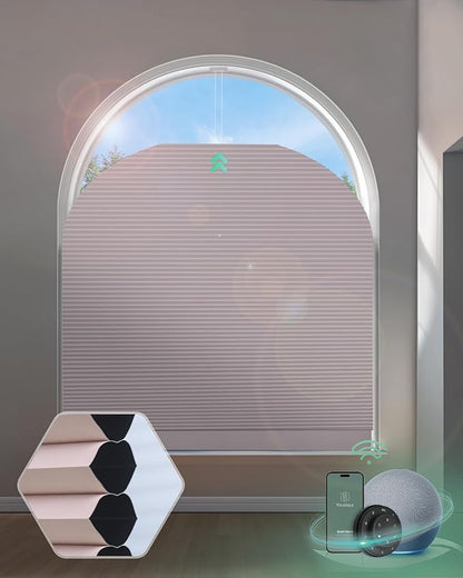Yoolax Smart Cellular Shades, Motorized Elongated Arch Honeycomb Blinds Motorized Blinds with Remote Compatible with Alexa, Customized Elongated Arch Cellular Shades (Blackout Light Pink)