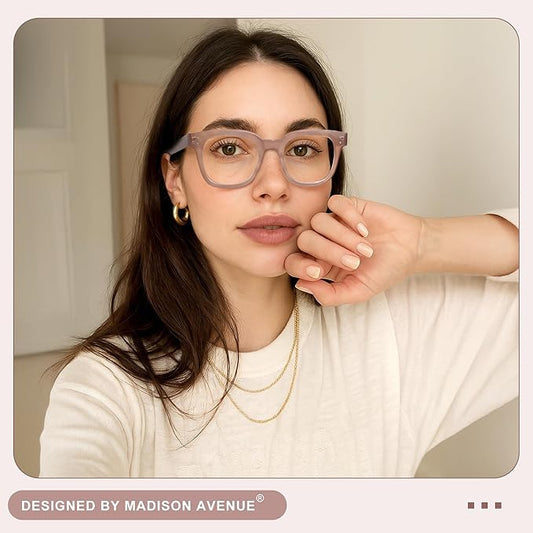 Madison Avenue Blue Light Blocking Glasses Oversized Fashion Blue Light Glasses for Women Anti Eyestrain & UV Protection Computer Eyeglasses (Milk Grey Brown)