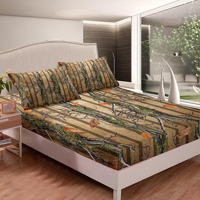 Tree Branches Kids Fitted Sheet Twin Size,Wild Jungle Botanical Leaves Rustic Bedding Set,Boys Girls Room Decor,Hunter Cabin Geometric Stripes Bed Cover,Brown Bed Sheet,1 Pillowcase(No Top Sheet)
