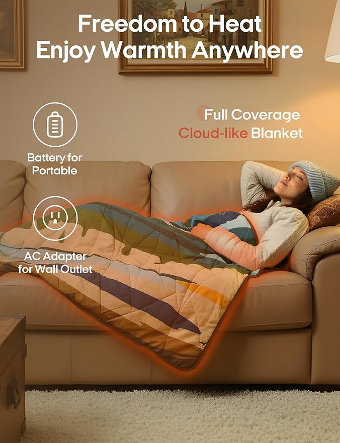 ZonLi Heated Blanket Battery Operated, Wearable Portable Electric Blanket with Rechargeable Battery, 50"x60" Cordless Heated Blanket, Waterproof, Machine Washable(Utopia World)
