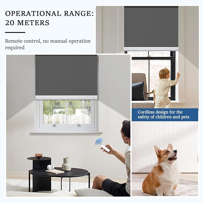 Grandekor Motorized Roller Shade with Remote Control,Motorized Blinds100% Blackout Electric Shades, Cordless Window Blinds Shades for Bedroom Living Room Office,Dark Grey,W31 xH72