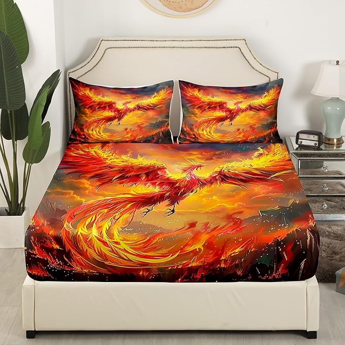 Manfei Phoenix Kids Sheet Twin Size,Burning Cloud Sky Romantic Bedding Set,Boys Girls Room Decor,Firebird Animal Flying Wildlife Orange Yellow Bed Sheet Set 3pcs(Fitted + Flat + 1 Pillowcase)