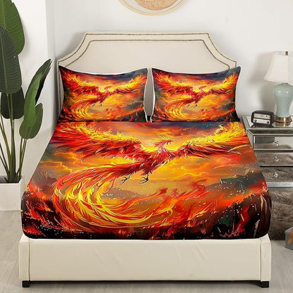 Manfei Phoenix Kids Sheet Twin Size,Burning Cloud Sky Romantic Bedding Set,Boys Girls Room Decor,Firebird Animal Flying Wildlife Orange Yellow Bed Sheet Set 3pcs(Fitted + Flat + 1 Pillowcase)