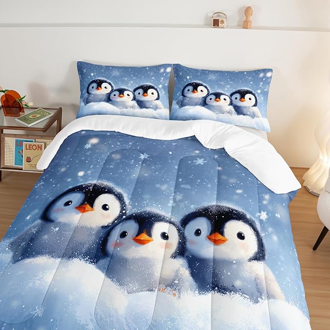 Penguin Comforter Set King Size,Antarctic Animal Kawaii Penguin Bedding Sets for Kids Boys Girls Room Decor,Cute Winter Snowflake Pattern Bedding Sets with 2 Pillowcases.