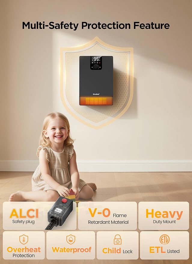 GiveBest Smart Wall Heater, 1500W Fast Heating Electric Space Heater for Indoor Use, 3 Heating Modes, Adjustable Thermostat, 24H Timer, Easy Mounted for Bedroom, Office, Home, Black